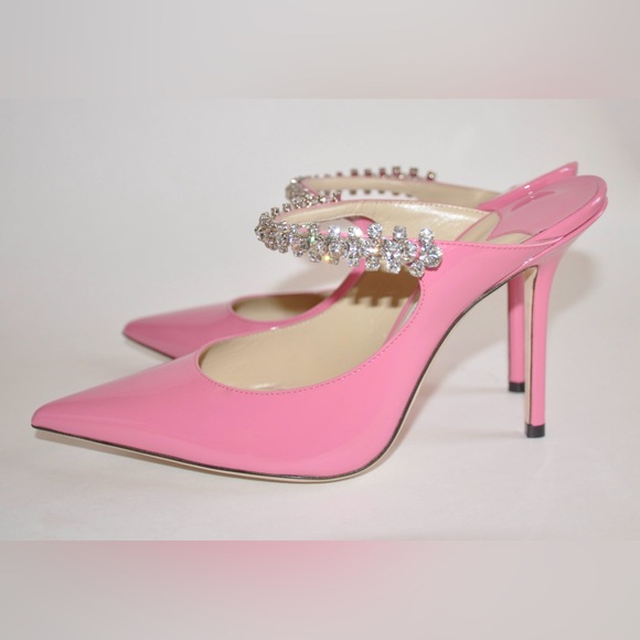 JIMMY CHOO Bing 100 Embellished Patent Leather Pink Mule Heels Size 38.5 / 8.5 - Picture 5 of 12